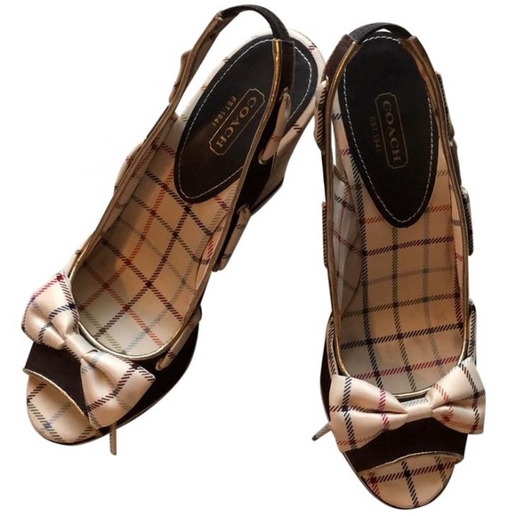 Brown cork Coach wedges with plaid ribbon detail. Comes with original box. - Picture 1 of 11